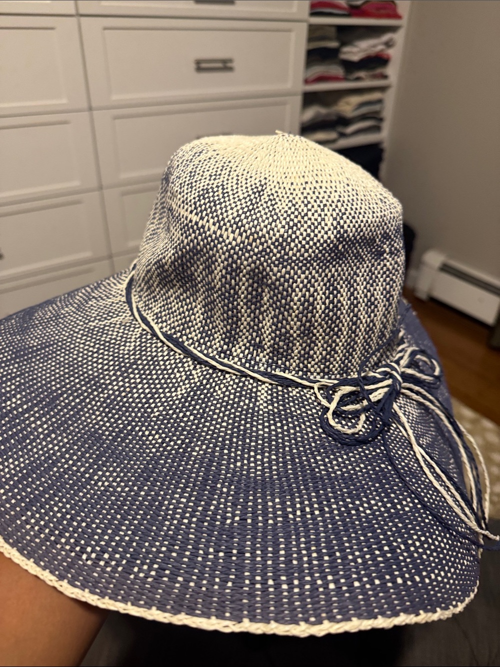 Women’s Blue and White Straw Sun Hat - Lightweight Wide Brim